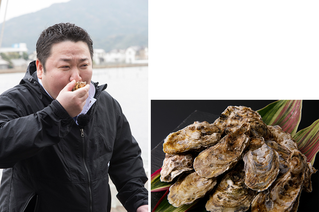 「糸島カキ」を試食。「おいしいカキで、磯の香や海水の風味もいいなぁと改めて感じ、今回のフェアには、カキの風味を取り入れてみることにしました」と言う。